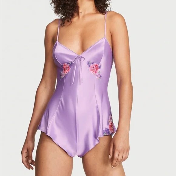 Victoria's Secret Other - Victorias Secret Floral Embroidery Stretch Satin Romper Bodysuit Sexy Medium
